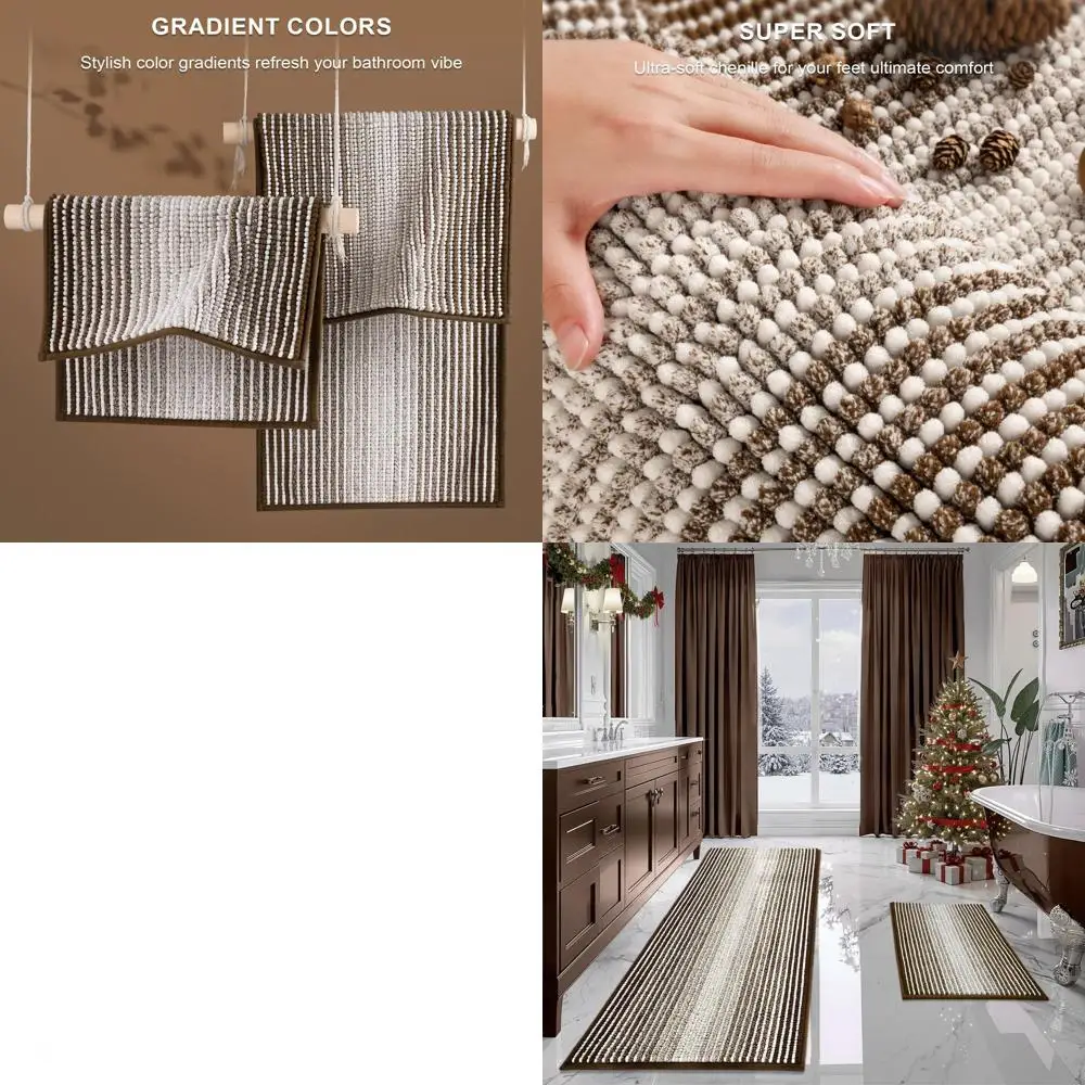 

Thick Chenille 2-Piece Bath Mat Set, Non-Slip, Soft Shaggy Bathroom Floor Mats, Machine Washable, Brown (24 x 70 & 20 x 32)