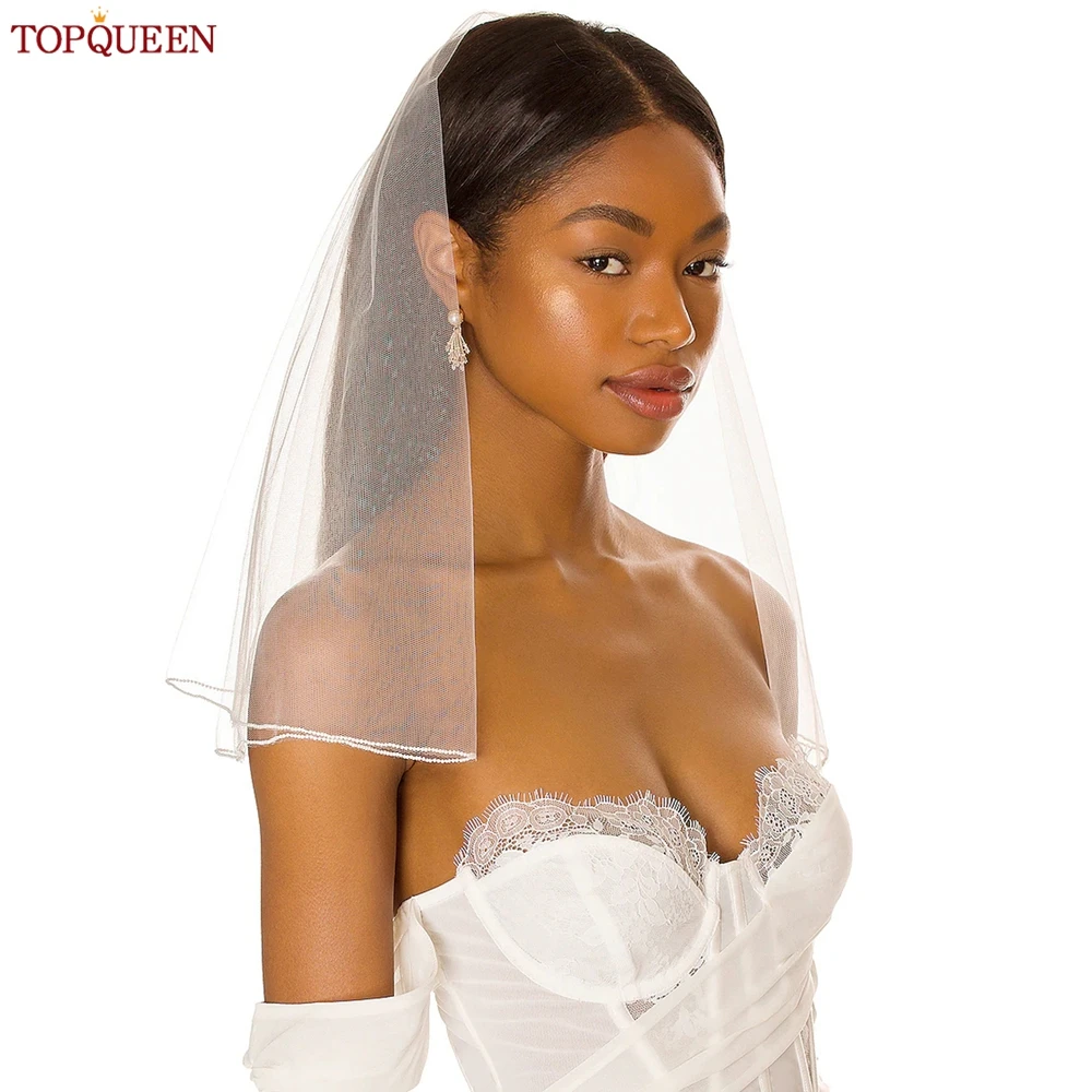 TOPQUEEN V173 Wedding Veil Shoulder Length Veil 2 Layers with Comb Blusher Bridal Veils Pearls Edge Dress Veil for Bride