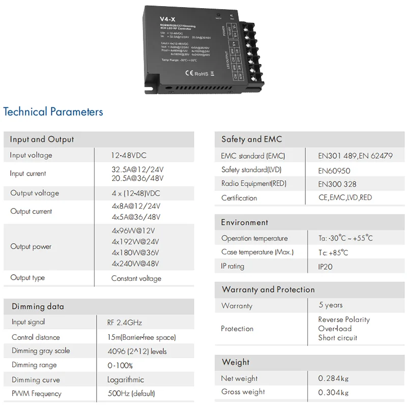 V4-X LED Controller 4CH RGB 2.4G RF DC12-48V Step-less Dimming Wireless Remote Control Light CCT RGB RGBW LED Strip Controller