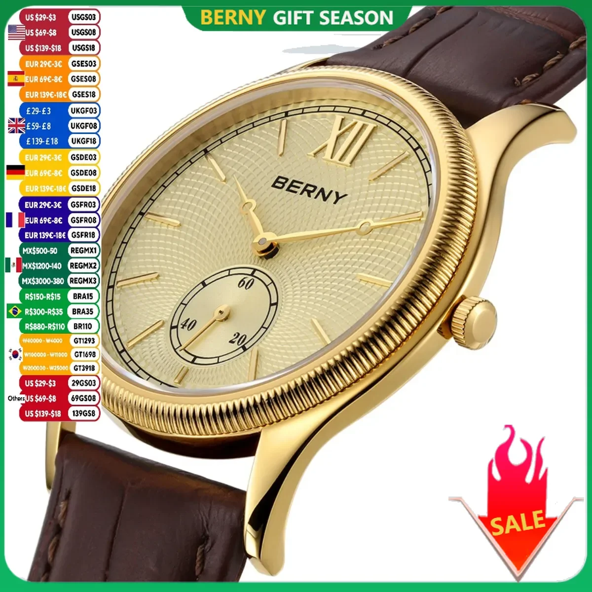 Relojes BERNY de lujo para hombre, vestido elegante clásico ultrafino, reloj de cuarzo dorado para hombre, correa de cuero, reloj de pulsera de