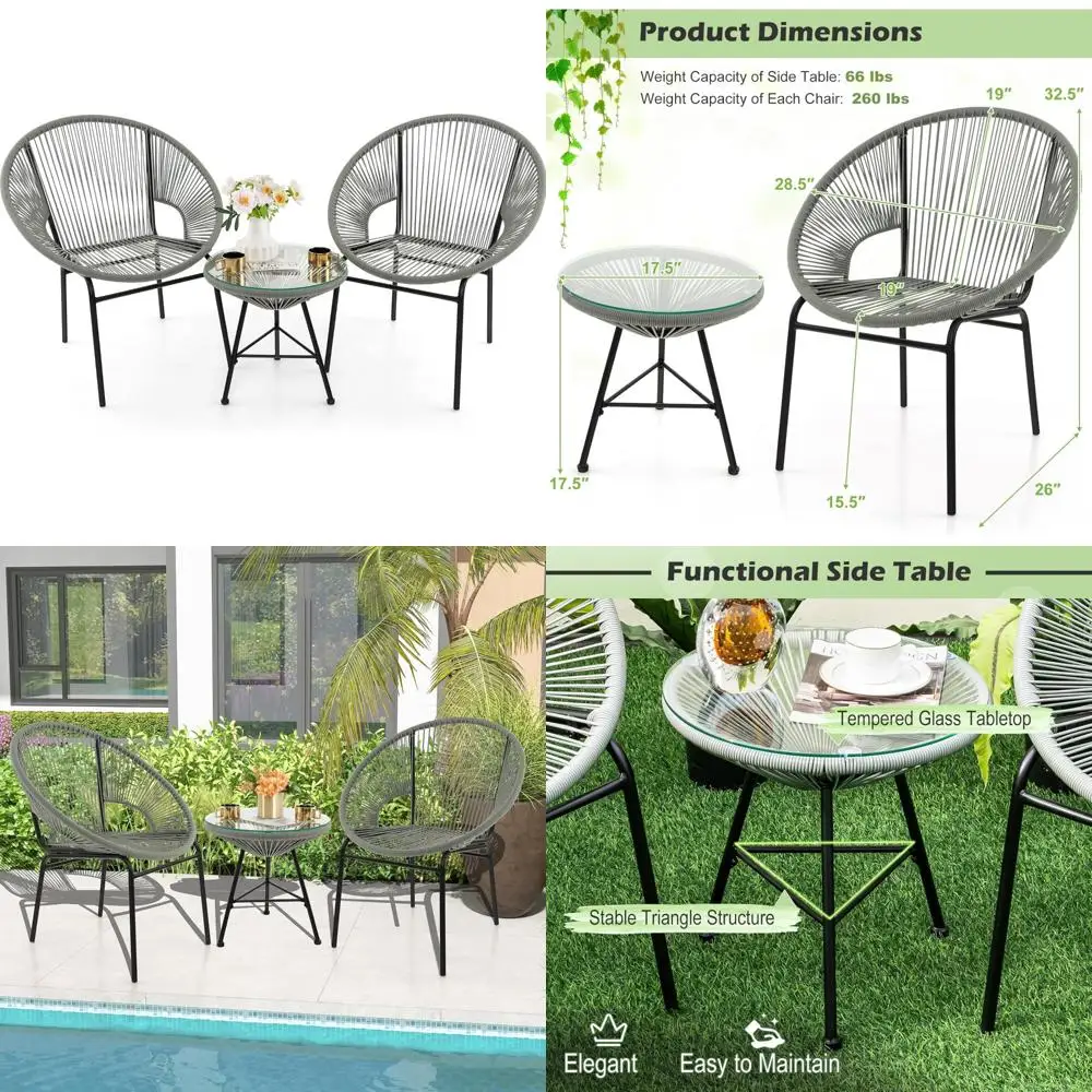 3-Piece Outdoor Patio Furniture Set with Acapulco Style Chairs, Plastic Rope, and Tempered Glass Table for All-Weather Bistro Us