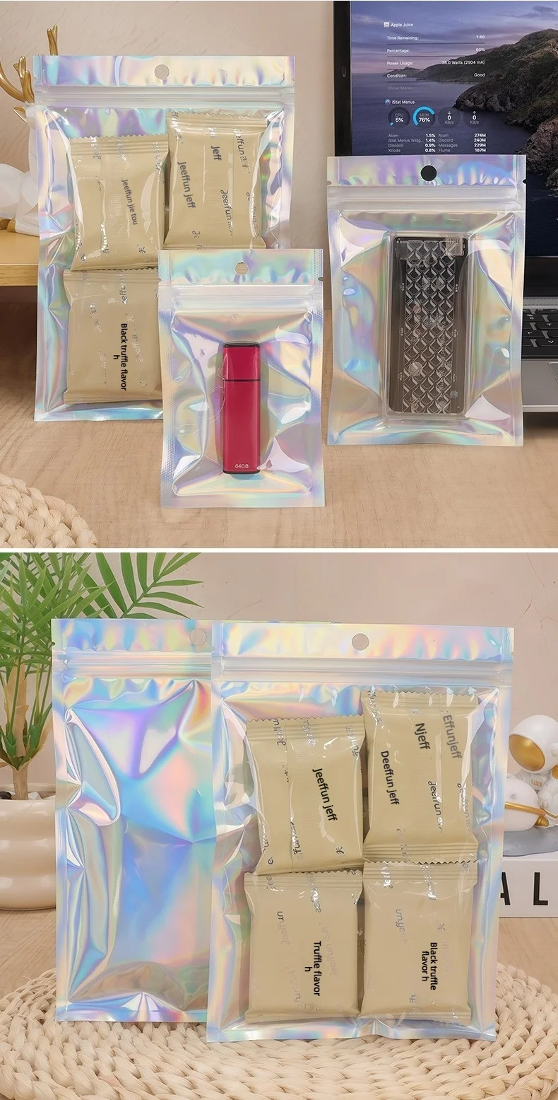 Holographische wiederverschließbare Ziplock-Mylar-Beutel für die Aufbewahrung von Süßigkeiten, Tee, Schmuck und Kosmetikartikeln – Detail 8