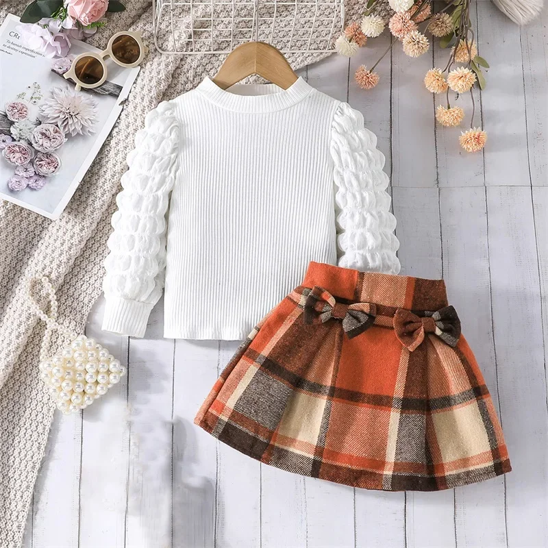 2-8Y Kids Girls Autumn 2PCS Skirt Outfits Long Puff Sleeve Round Neck Tops A-line Plaid Skirt Set Children Fashion Clothing