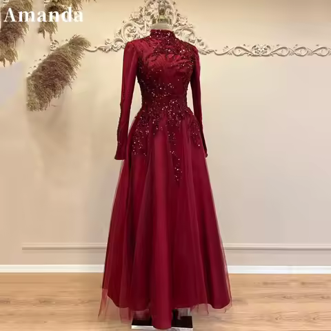 Amanda Elegant High Neck Prom Dress Sequins A-line Evening Dress Beading Embroid Party Dress Customized فساتين مناسبة رسمية
