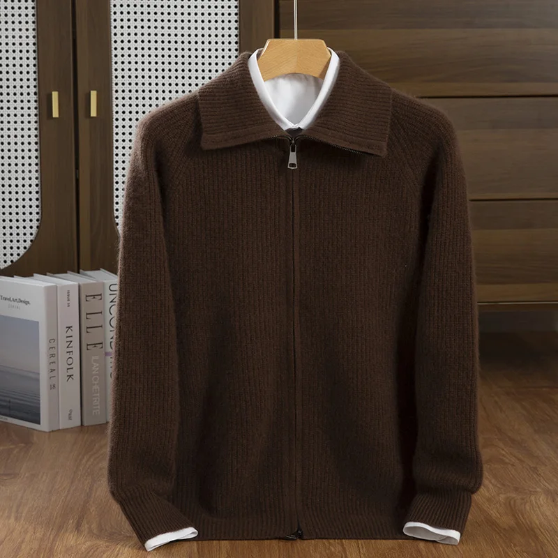 남성용 100% 캐시미어 스웨터, 잉곳 바늘, 7 개의 바늘, 두꺼운 지퍼 칼라, 다목적 스타일, 가을 및 겨울 신상