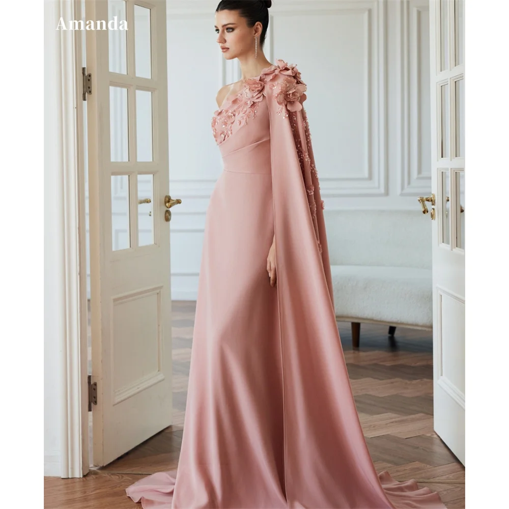 

Amanda Customized Pink One Shoulder Appliques Prom Dress Beaded Sleeveless vestidos de noche Mermaid Floor-Length Formal Evening