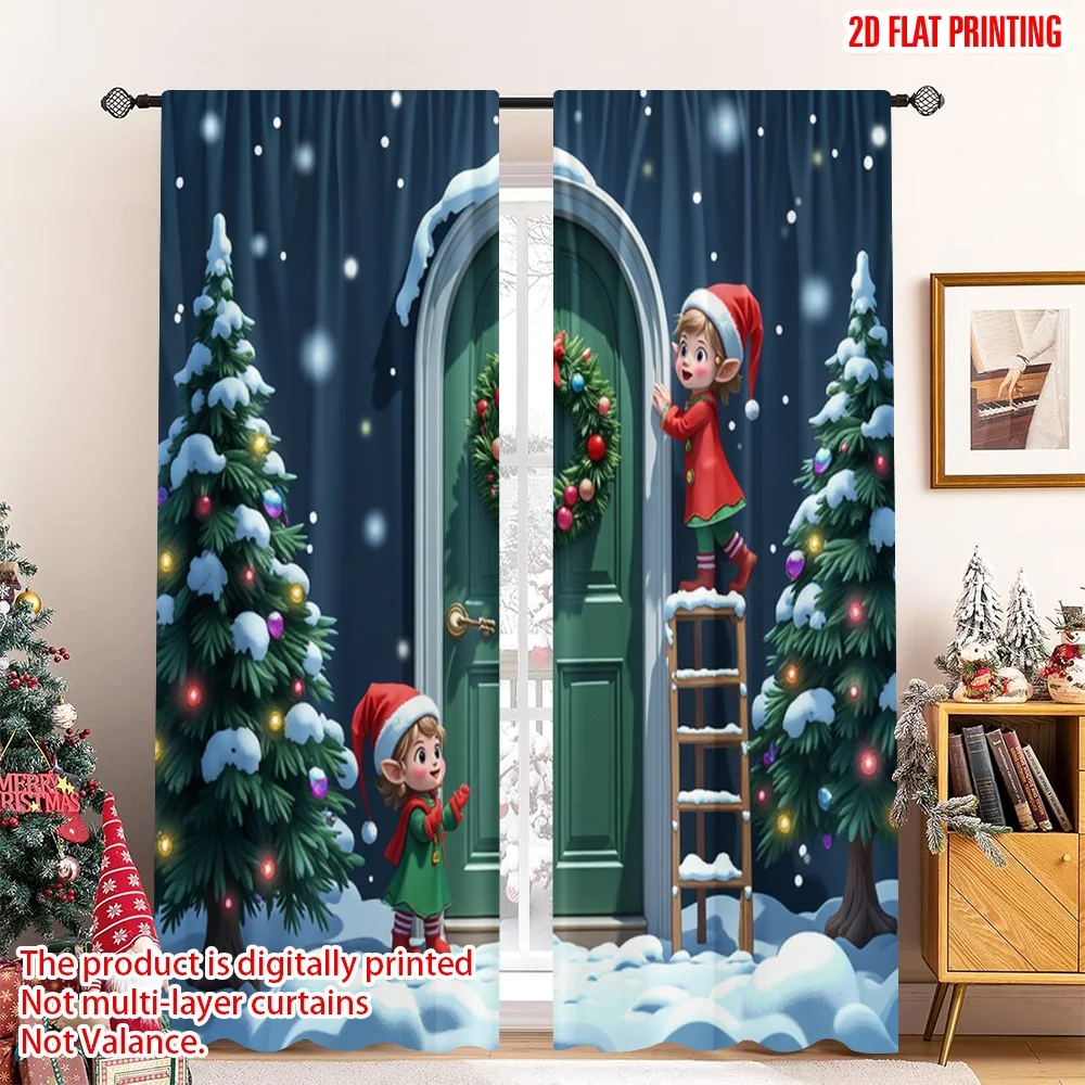 

2pcs 2D flat printing Christmas Party Curtain Christmas Front Door Wreath Decorating 100% Polyester Without Electricity 0 for