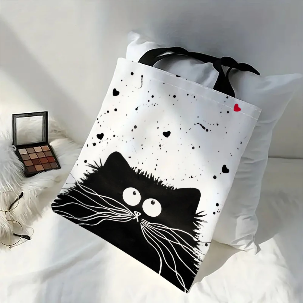 Linen Shopper Reusable Tote Cute Cats Print Grocery Storage Bag Portable Large Capacity Shoulder Bag Machine Washable Tote Bag