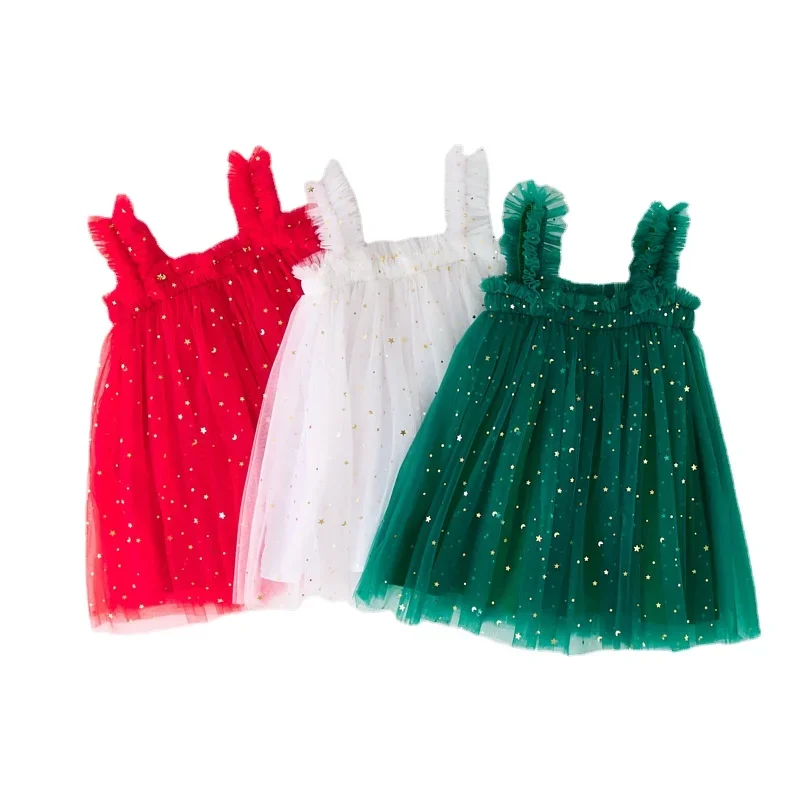 Meninas Tule Princesa Sling Dress, Toddler Stars Sequin Puffy Dress, Crianças Xmas Day, Vestidos de festa festivos, Fofos, 2024