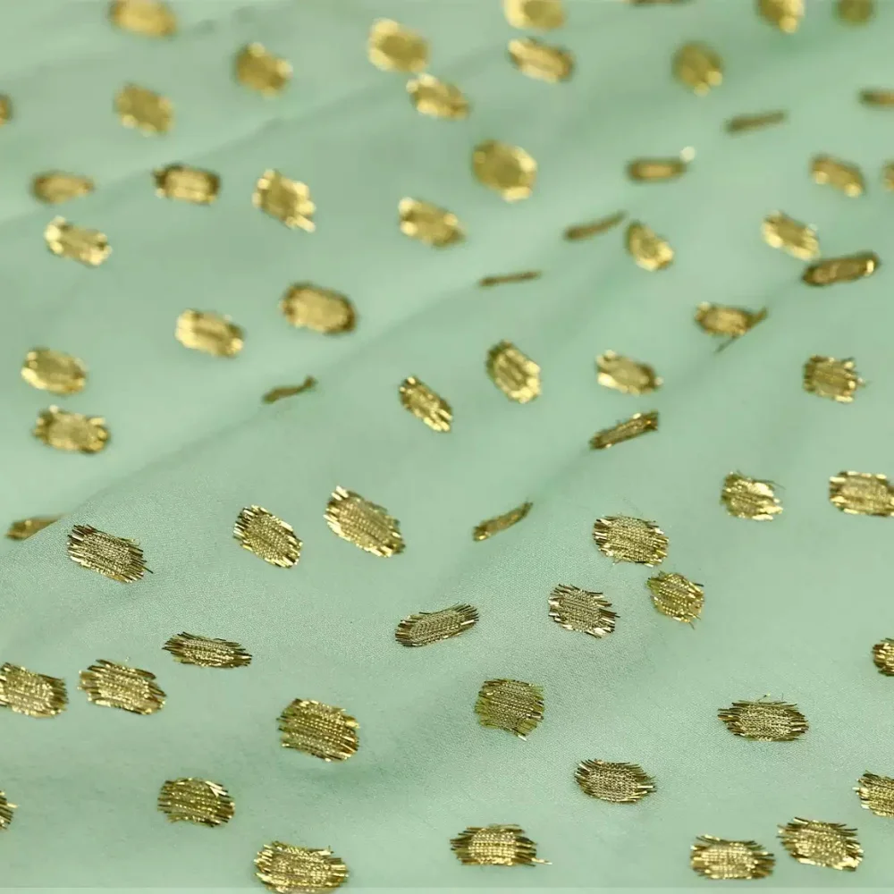 Tela Metálica de Seda de Lujo Verde Claro con Pequeñas Lunares y Líneas Doradas, 8M/m, para Vestidos de Vacaciones de Mujer, Sarees Personalizados