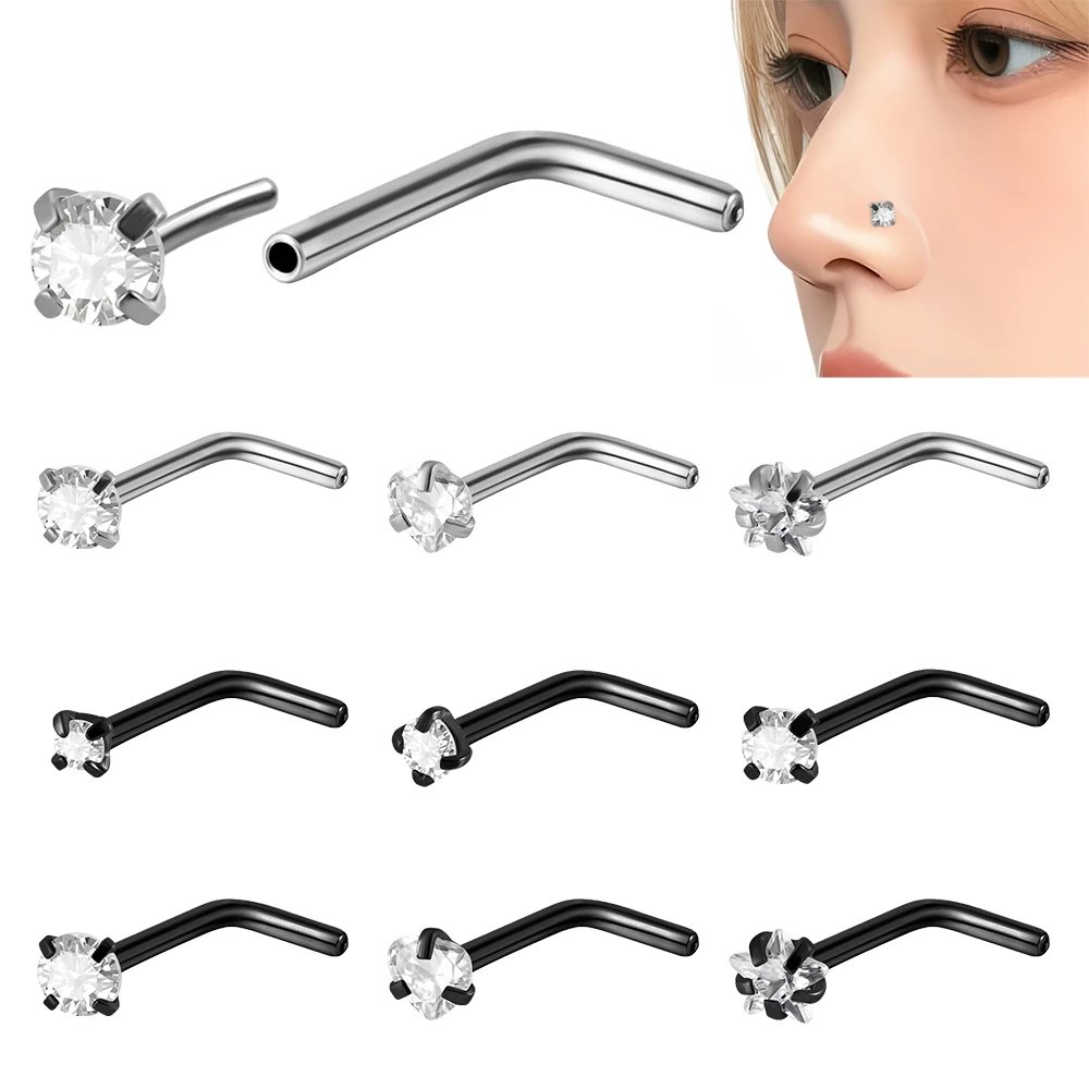 1Piece Surgical Steel L-shaped Nose Ring Heart Star Round Zircon Top Push-in Nose Bone Piercing Retainer Holder Body Jewelry 20G