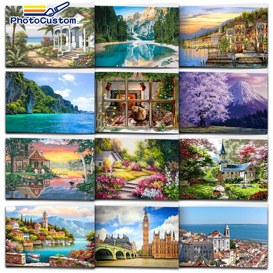 

PhotoCustom Acrylic Painting By Number Town Landscape Full Kits Gift Painting By Number On Canvas Scenery Painting Wall Art