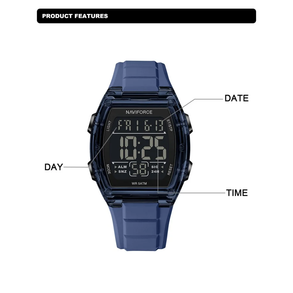 NAVIFORCE NF6106 Men's Tonneau Case Sport Watch 5ATM Waterproof Chronograph Alarm Dual Time Date Silicone Strap Reloj Hombre