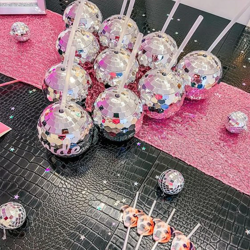 5pcs Glitter Mirror Ball Cocktail Drink Cups With Straws Disco Balls Wedding Birthday Drinking Bottles Hen Bridal Party Supply