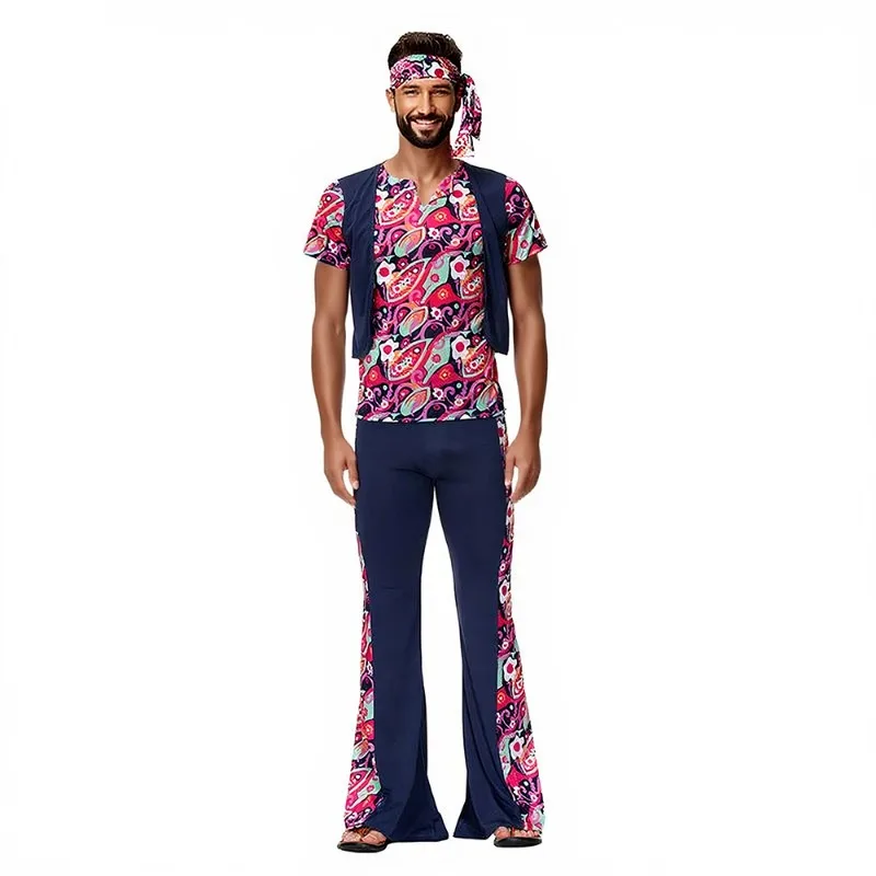 Carnival Cosplay Costume Couple Retro 70S Top Pants Two Piece Set Holiday Theme Party Role Playing Outfits for Adult Women Men - view 5