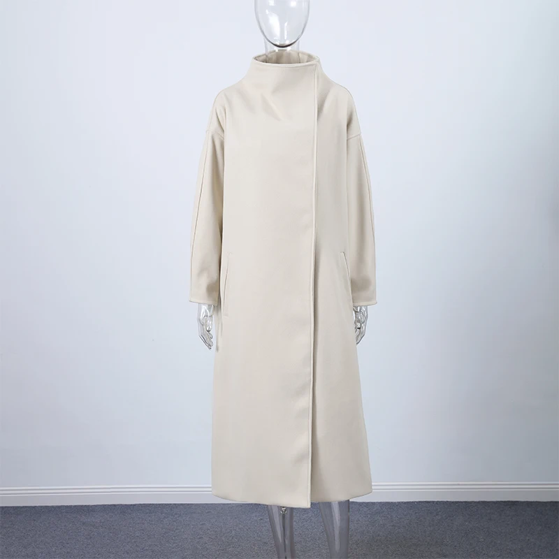 Eleganter Schicker Stehkragen-Wollmantel mit Langen Ärmeln, Einreihig, Locker Geschnitten, Warmer Wintermantel für Damen, Lässige Streetwear, Neu – Detail 3