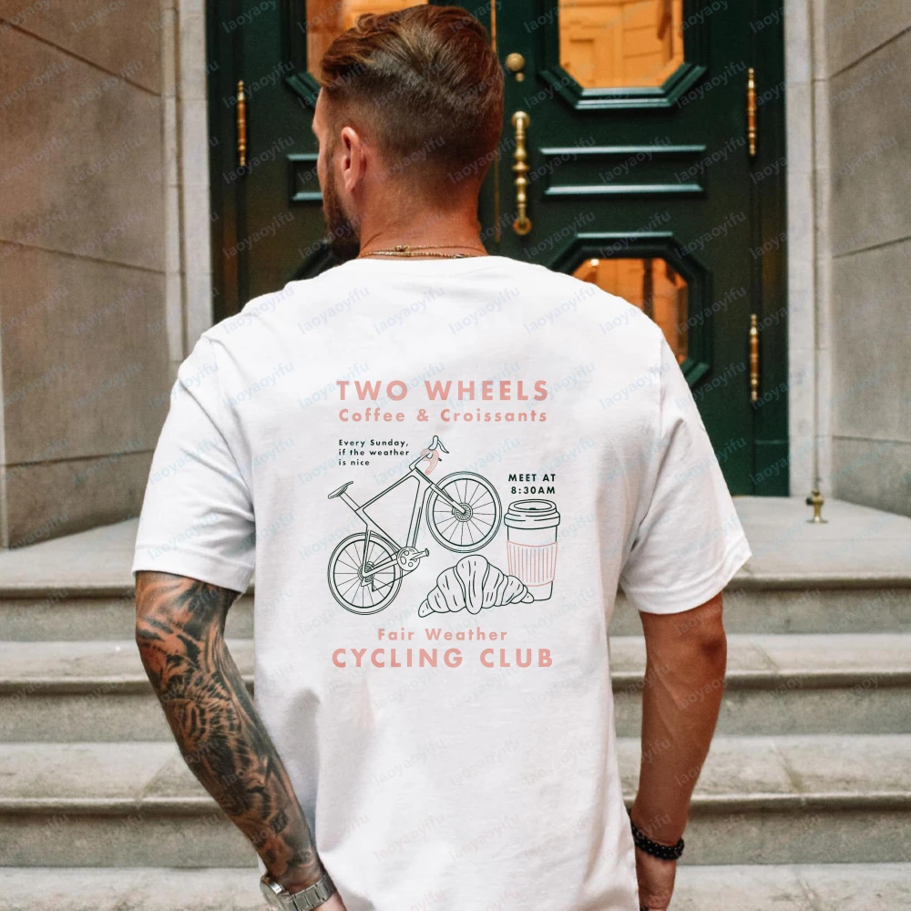 Cycling Club Cropped T-Shirt Hand-Drawn Bike Coffee & Croissants Graphic T Shirts Oversized T Shirt High Quality Cotton Tops Tee