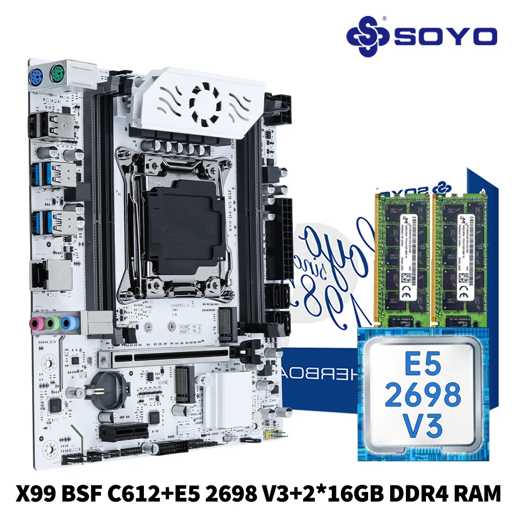 

SOYO X99 C612 Motherboard Kit Set with Intel LGA2011-V3 Xeon E5 2698 V3 CPU&Dual-channel DDR4 32G(16G*2)2133MHz RAM 2*M.2 TPM2.0