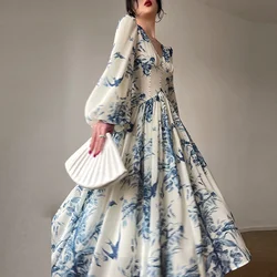 French Vintage Dress Women 2024 Spring V Neck Beaded Empire Chiffon Long Dress Autumn Printed Lantern Sleeve Hem Boho Maxi Dress