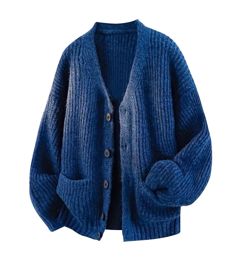 Autumn Winter Japanese Retro Green Light Gray Cardigan Sweater Men Soft Simple Loose Casual Apricot Navy Blue Knitted Jacket