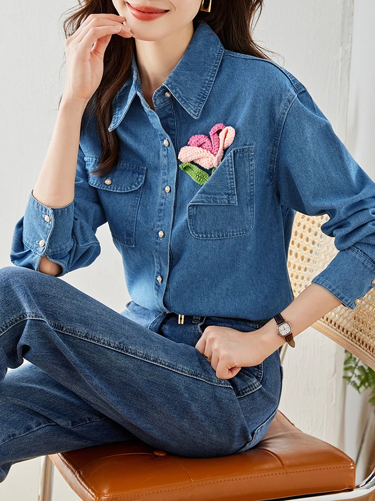 Turn-down Collar Single-breasted Loose Denim Shirts For Women 2024 Autumn Vintage Casual Shirts Fashion Hooked Flower Tops