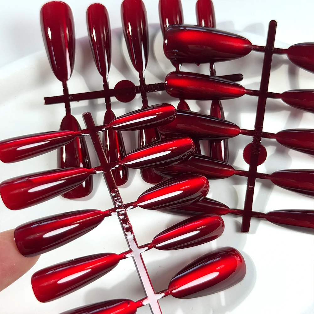 

30Pcs Red Magnet Cat Eye False Nails XS/S/M Long Almond Glossy Fake Nails Y2k Full Cover Reusable Press on Nail Tips for Women#&