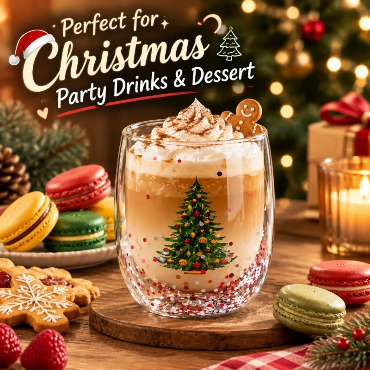 Tumbler Glasses Christmas Mugs,8 Oz Double Wall Insulated Glass Coffee Mugs for Cappuccino Latte Americano Tea Wine and Beverage