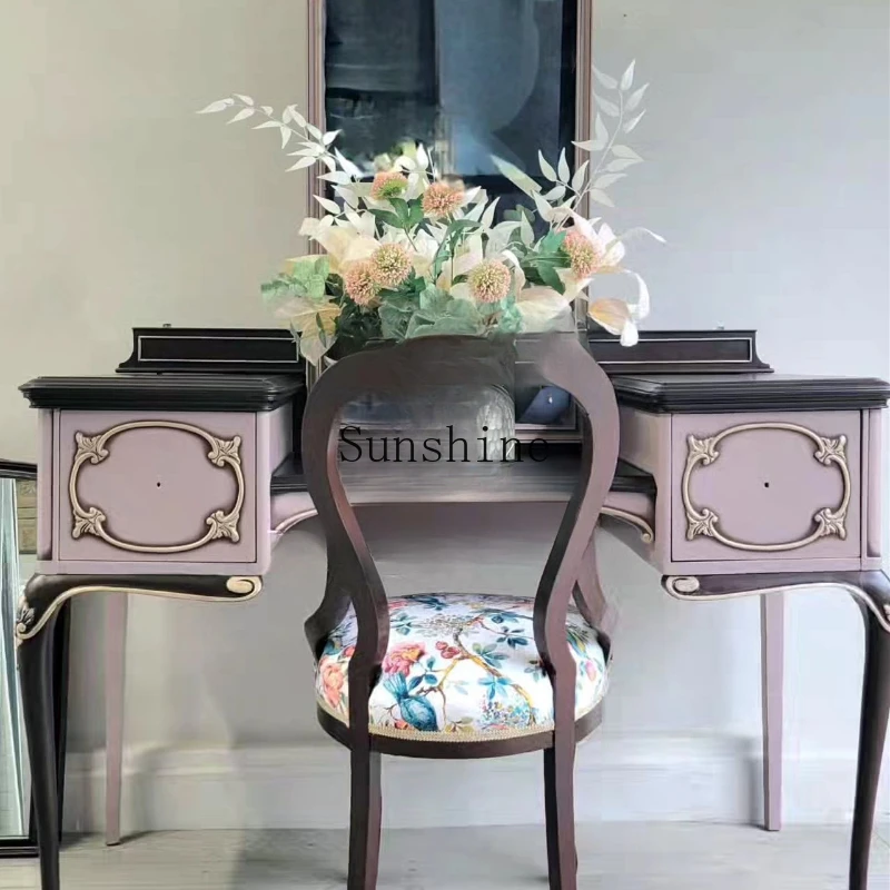 

French retro solid wood carving flower dressing table modern simple princess style with mirror furniture customization