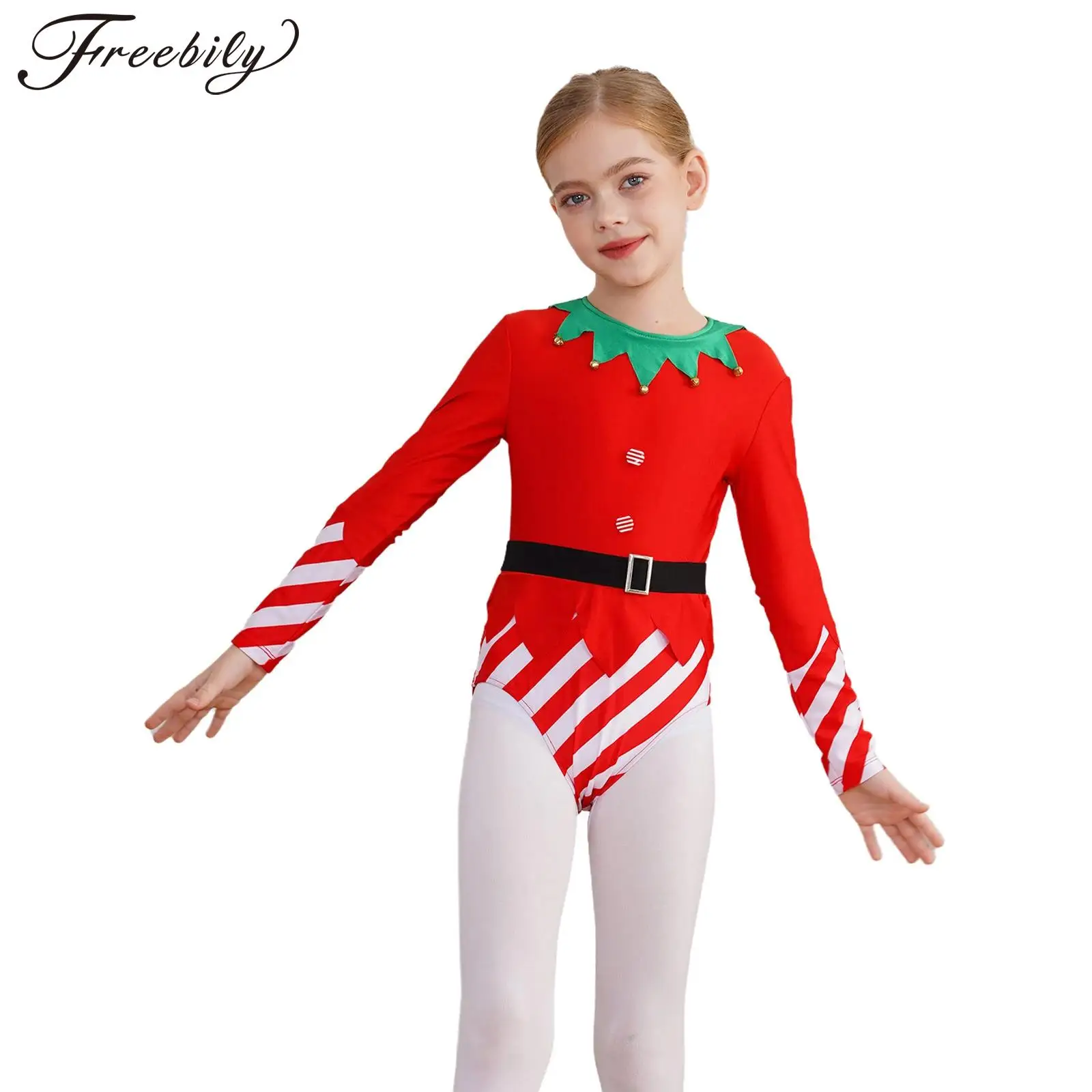 

Kids Girls Christmas Costume Long Sleeve Stripes Dance Bodysuit Xmas Santa Elf Ballet Dance Gymnastics Leotard Fancy Dress Up