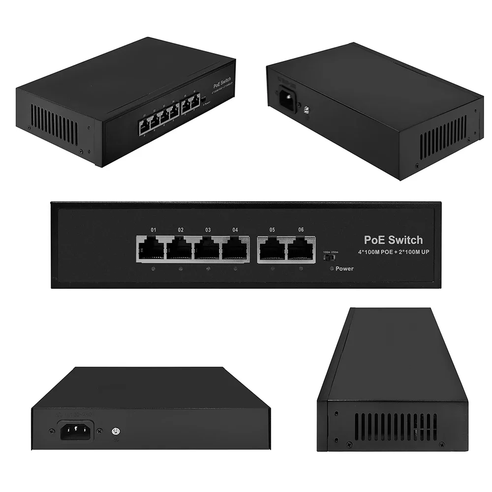 مبدل حاقن POE الذكي لكاميرا IP ، مبدل لاسلكي VR AP ، CCTV مع رمز الاتصال الهاتفي ، RJ45 القياسي ، 6 منافذ ، Mbps