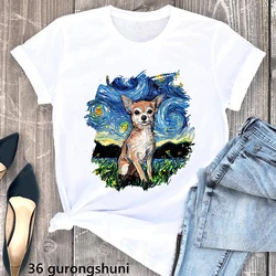 Chihuahua gwiaździstej nocy impresjonista sztuka pies T-Shirt z nadrukiem odzież damska śmieszne biały T-Shirt Femme Harajuku Kawaii T-Shirt