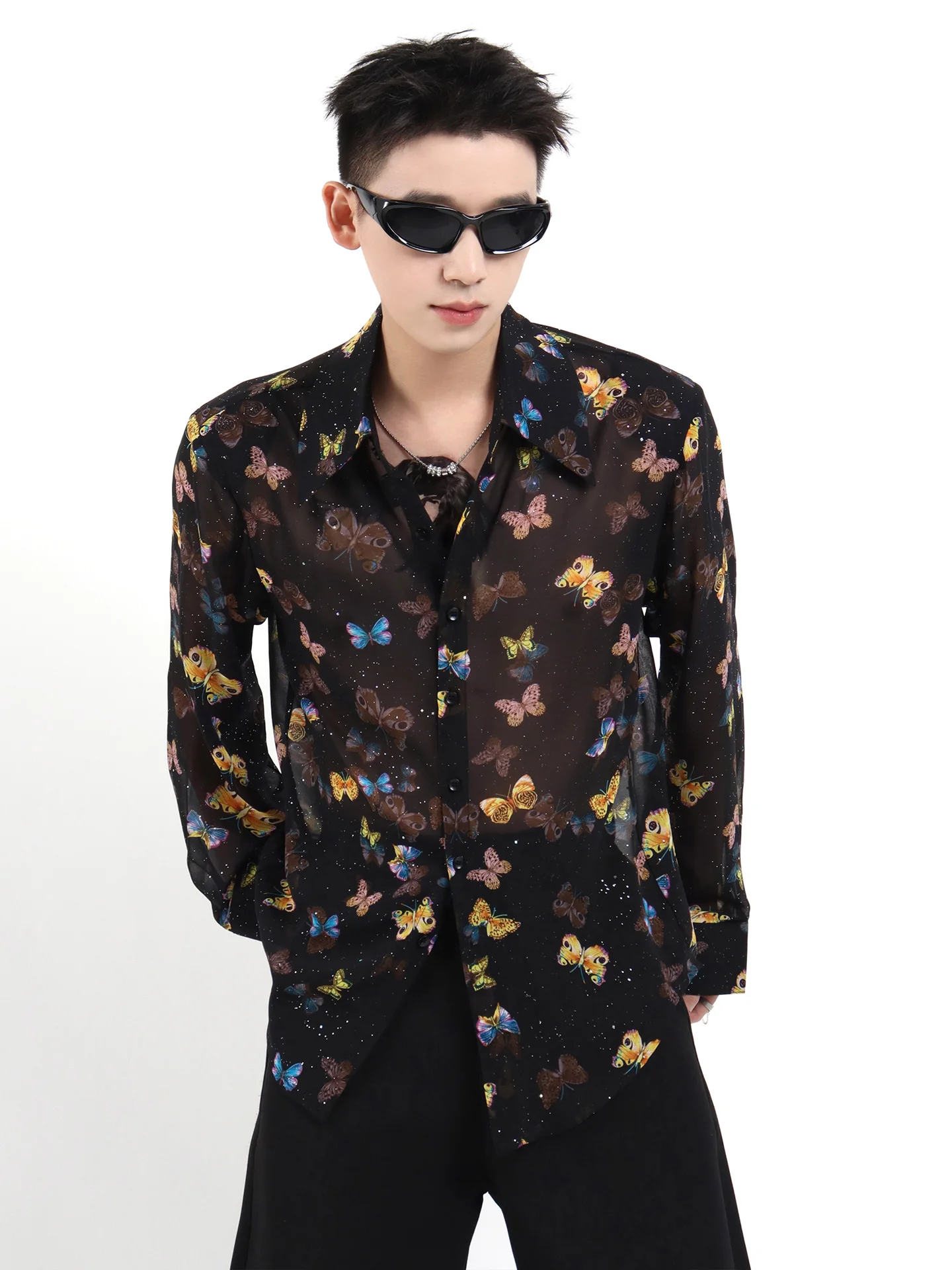 Butterfly Print Design Shirts Men's 2025 Summer New High-end Niche Light Luxury Hot Diamond Thin Tops Loose Long-sleeve Shirts