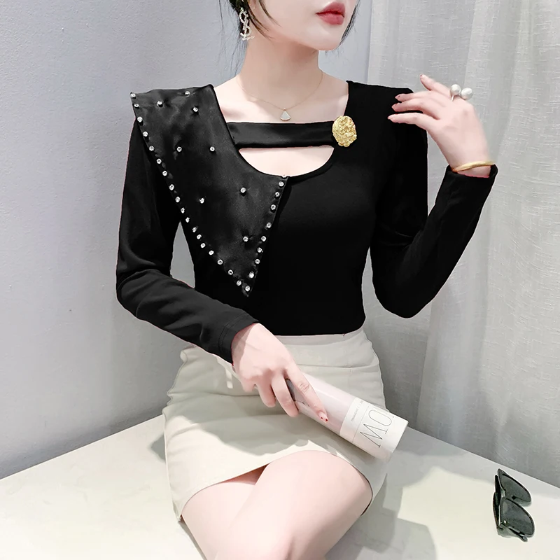 #7377 Spring Autumn Long Sleeve T Shirt Women V-neck Split Joint Skinny Korean Style Diamonds Irrgular Tshirt Female Streetwear