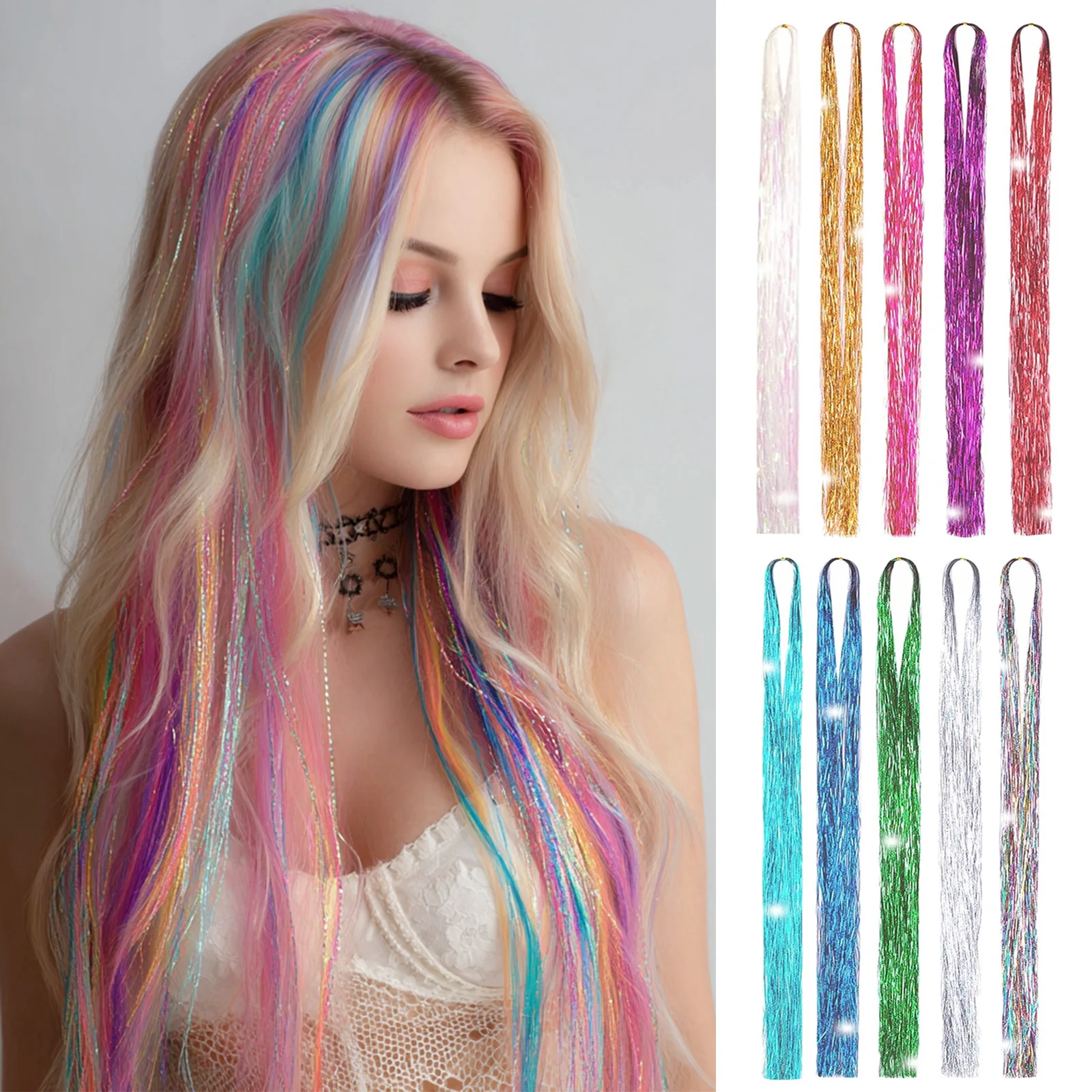 

10pcs/pack Tinsel Hair Extensions Glitter Hair 36 inch Mixed Color Synthetic Tinsel Hairpieces for New Year Christmas Women Girl