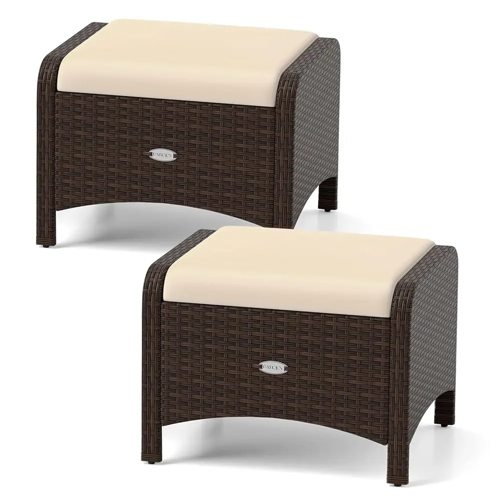 

2 Pieces Outdoor Patio Pe Wicker Ottomans With Removable Cushions, Outdoor Furniture For Additional Seating, Footrest And Side