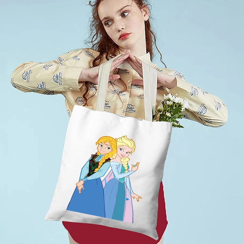 

Frozen Elsa Anna Canvas Shoulder Bag Print Handbags For Women Large Capacity Shopper Totes Fashion Casual Shopping Bags