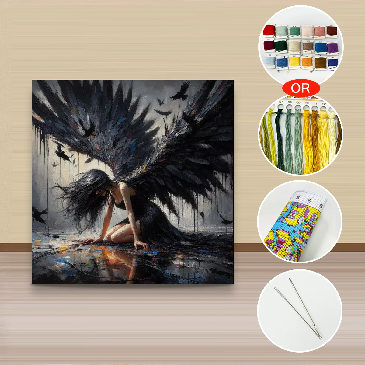1 Stück 40x40 cm/15,74 Zoll, 11Ct/14Ct Kreuzstich-Set, DIY Valentinstagsgeschenk, Stickerei-Set für Festlichkeiten, Gefallener Schwarzer Engel – Detail 2