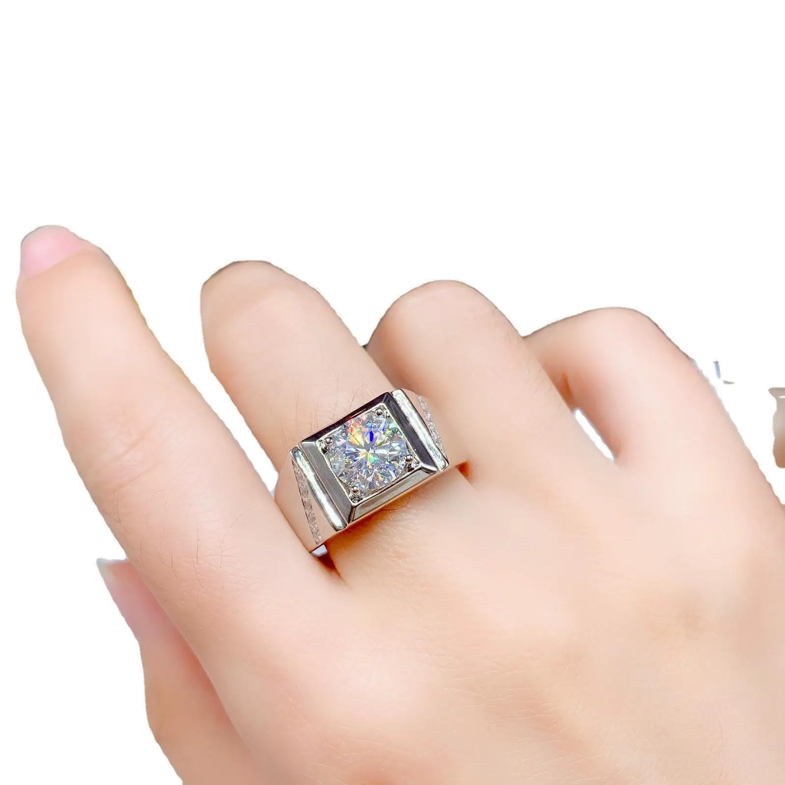 Geometric Zircon Ring for Men Featuring Diamond-Encrusted Chamfered Square Grain Design Adjustable Opening Fresh Stylish Metal B