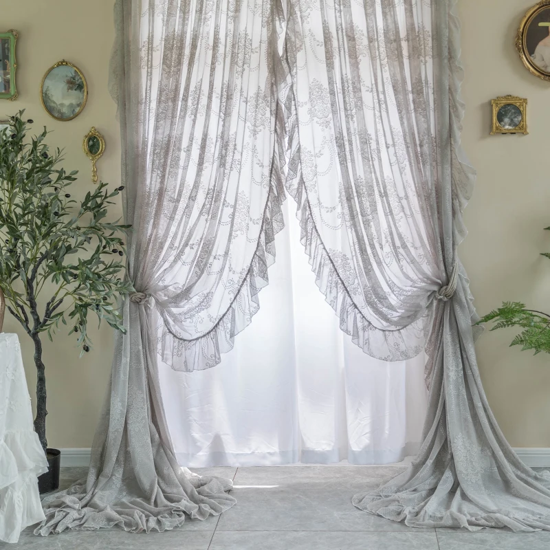 Vintage Lace Sheer Curtains for Living Room Bedroom, Solid Gray Voile Curtain, Girls Backdrop, Tulle Curtain, Window Treatment