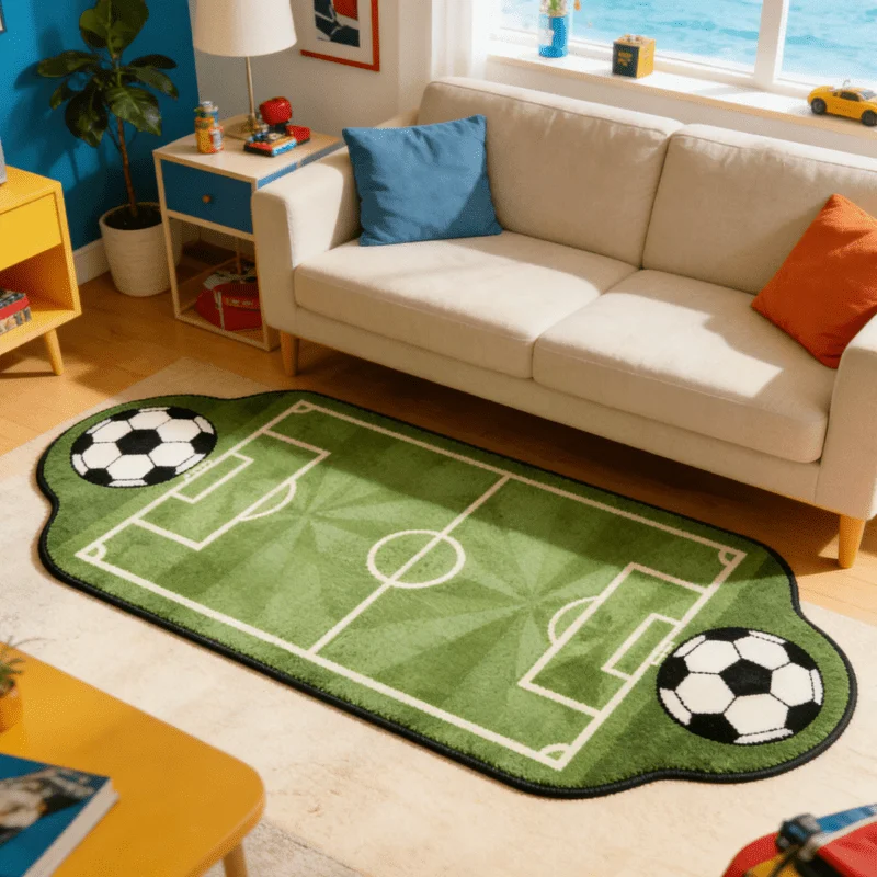 VIKAMA Football Field Shaped Rug Fluffy Non Slip Washable Kids Boys Bedroom Sports Theme Indoor Decor Floor Mat