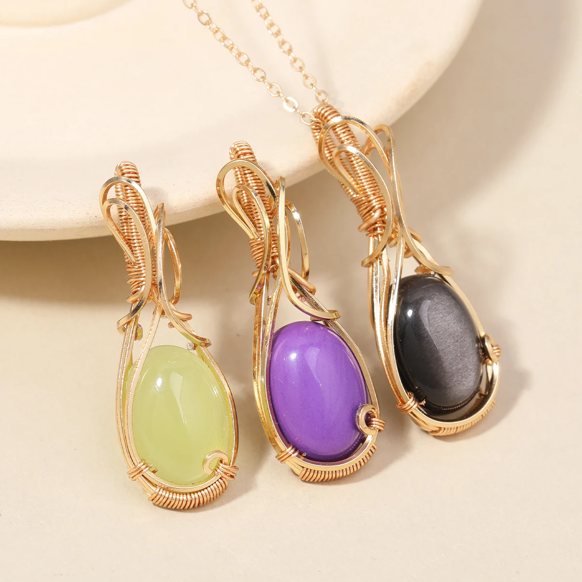 Natural Gemstone Stainless Steel Men's and Women's Necklaces Grape Stone Purple Mica Obsidian Pendant Necklace Jewelry Gifts