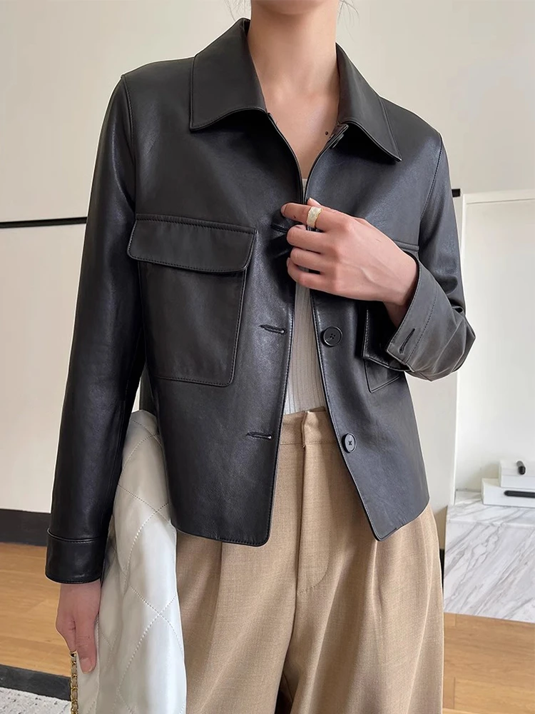 

Casual Short Genuine Leather Jackets for Women Spring Autumn 2026 New High-end Simple Solid Soft Slim Real Sheepskin Coat