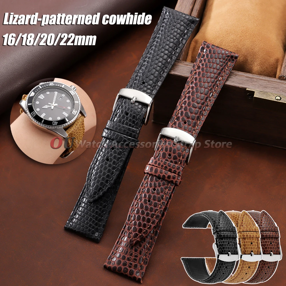 16mm 18mm 20mm 22mm Brown Lizard Pattern Leather Watch Band for Seiko Cowhide Watch Strap for Huawe Watch GT6/5/4 Men Bracelets