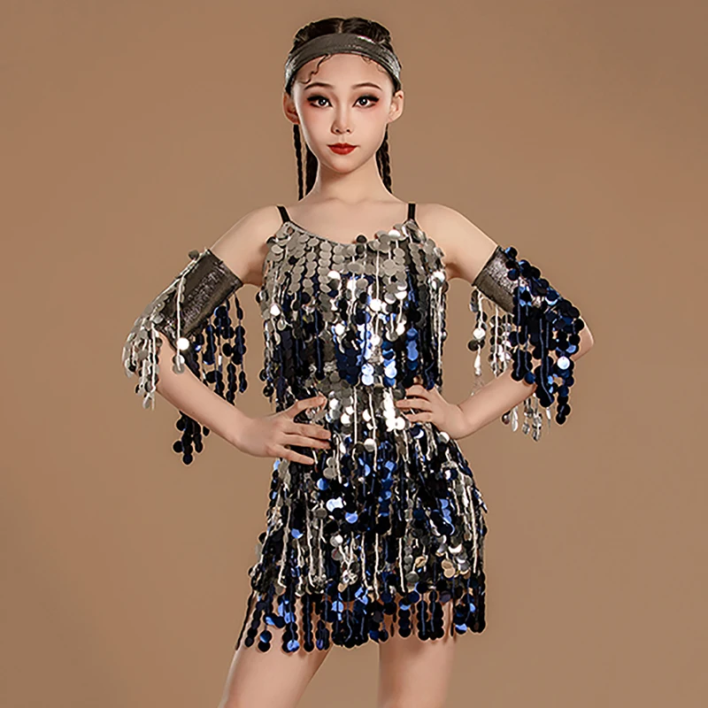 

Latin Dance Dress for Kids Girls Sleeveless Shining Practice with Headwear Practice Set Children's Professional Dancewear