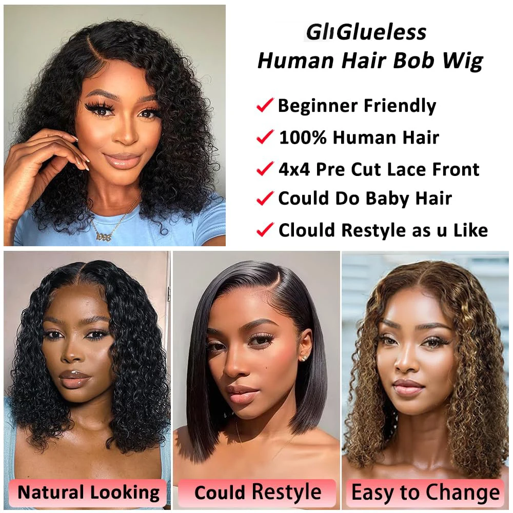 4 × 4 بوب شعر مستعار شعر الإنسان 100% موجة عميقة غلويليس الدانتيل الجبهة الباروكات قصيرة بوب الباروكات قبل قطعها قبل قطع 4x4 الدانتيل إغلاق شعر مستعار مجعد