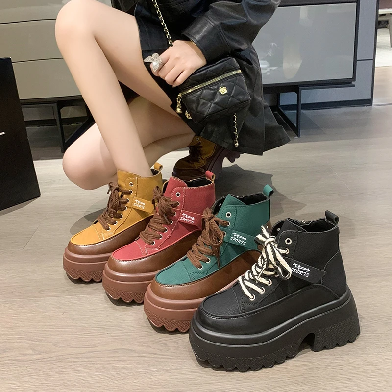 New Women Ankle Boots Autumn Winter Shoes Ulzzang 7CM Wedge Heels Platform Short Boots Woman Thick Sole Lace-up Leather Sneakers