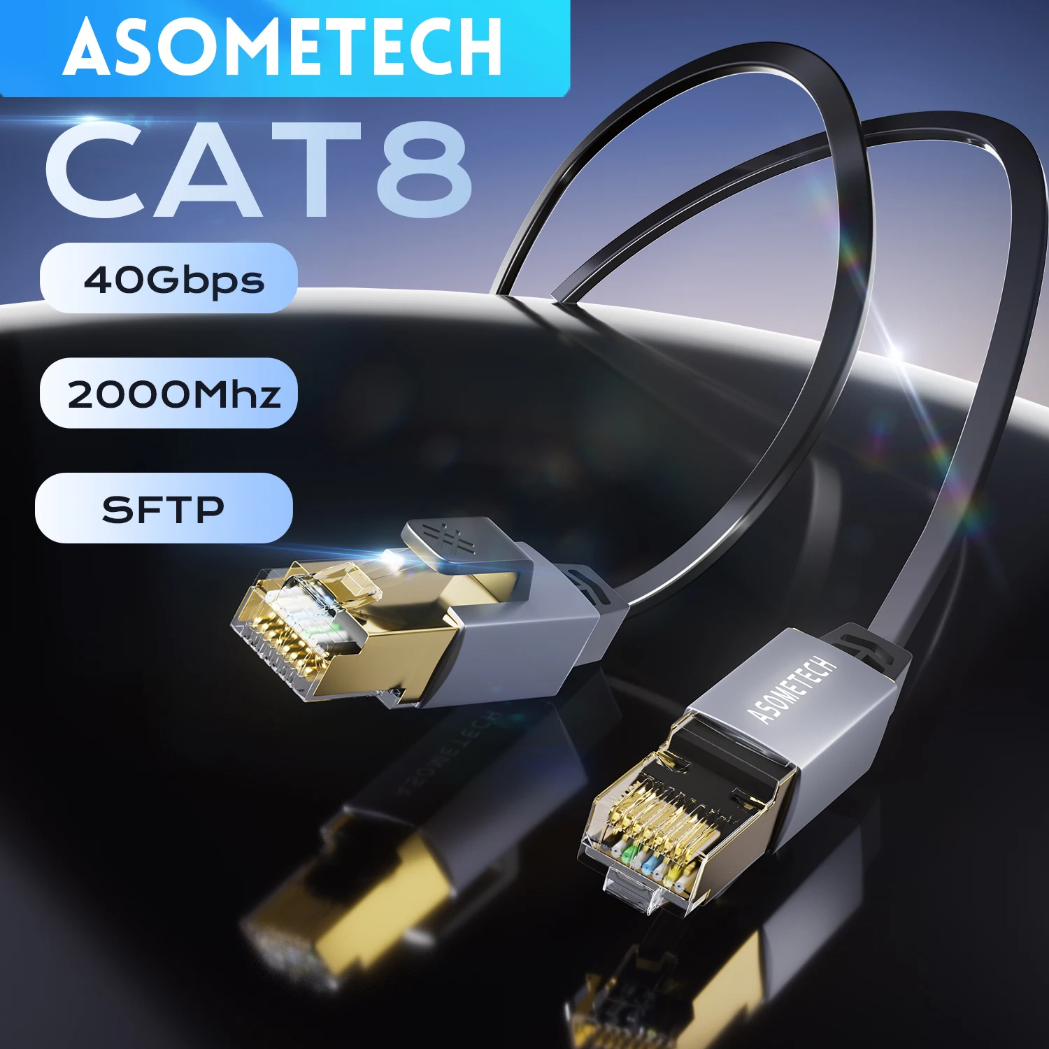 

ASOMETECH Cat 8 Ethernet Cable Round / Flat High Speed Ethernet Cable 40Gbps 2000Mhz Gold Plated RJ45 Connector LAN Cable S/FTP