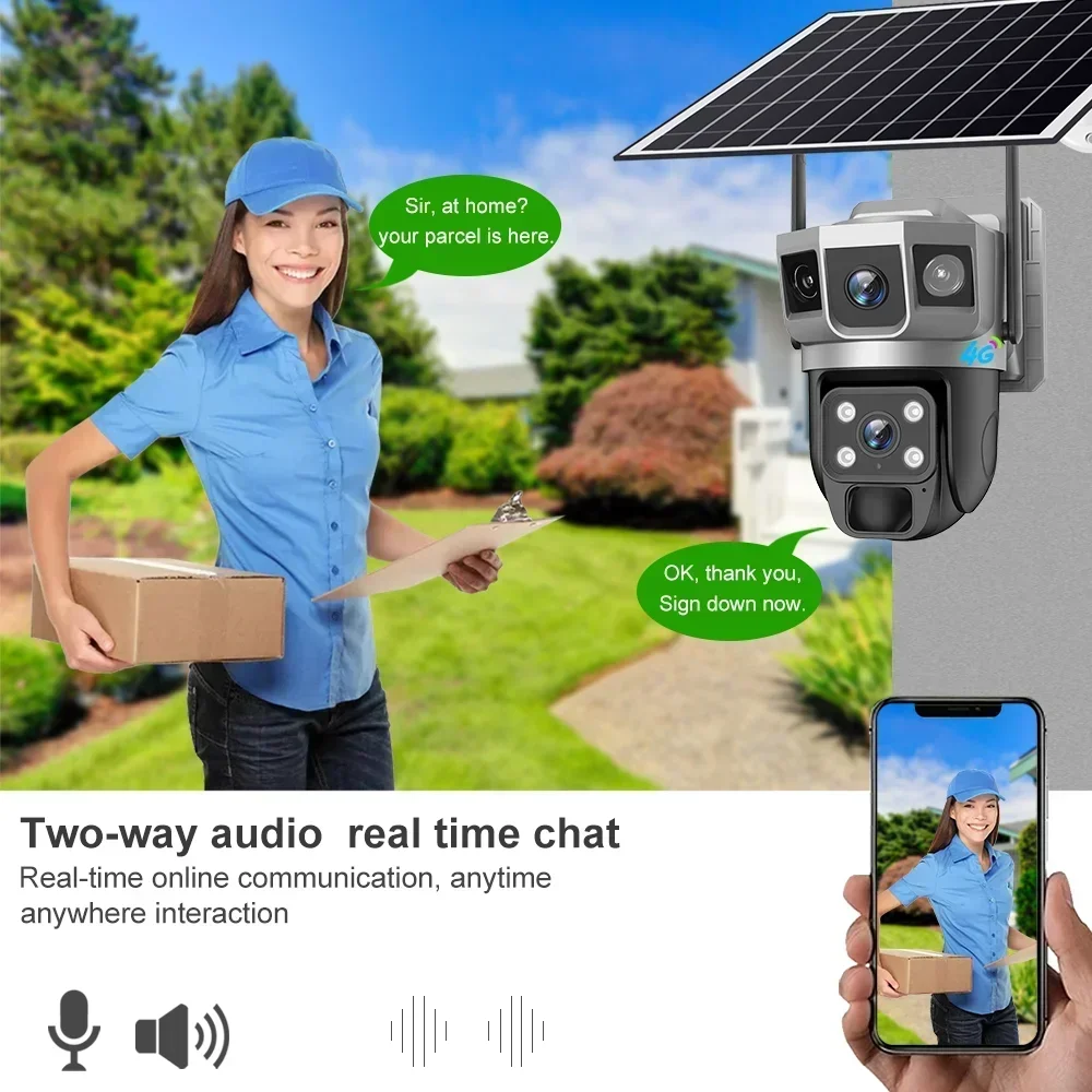 12MP Solar Camera 4G Sim Outdoor Dual Lens Three Screen 6K IP Camara Solar Panel CCTV Security Built in Battery PIR Cam V380