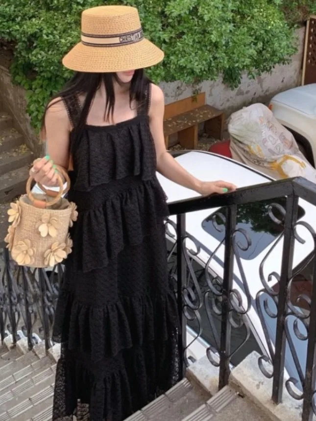 

Summer New Sle Women's Hollow out Embroidery Lace Trim Strap Dr Cake Long Vest Dr Vaion Theme Floral Print Dr