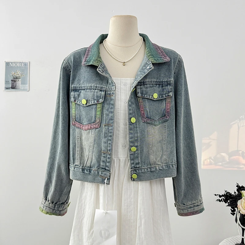 

Retro Chic Blue Lapel Denim Jacket For Women Spring Autumn Long Sleeve Single-breasted Casual Short Jean Jacket